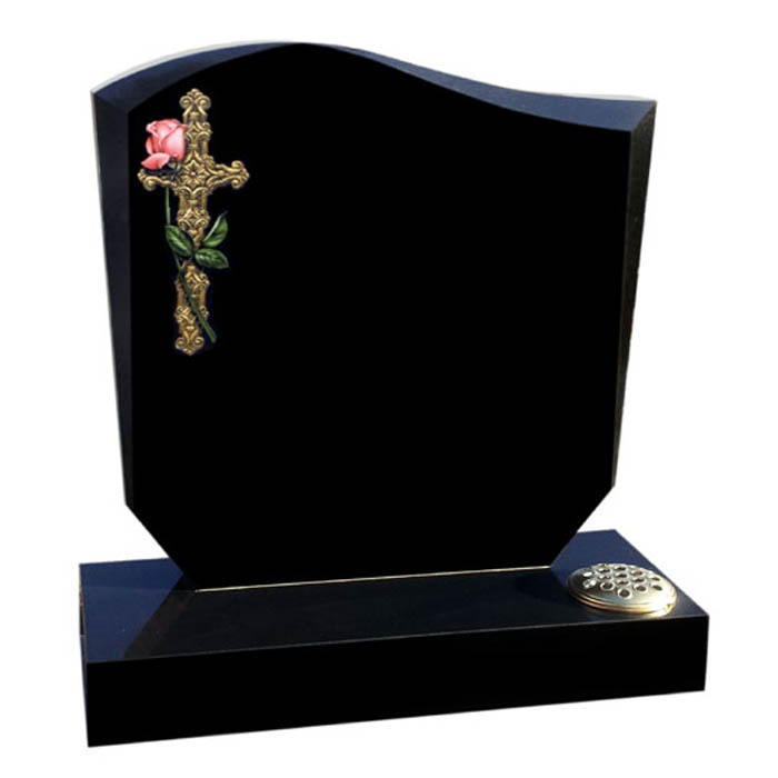 Black granite Kane memorial with ornate gilded cross and rose design